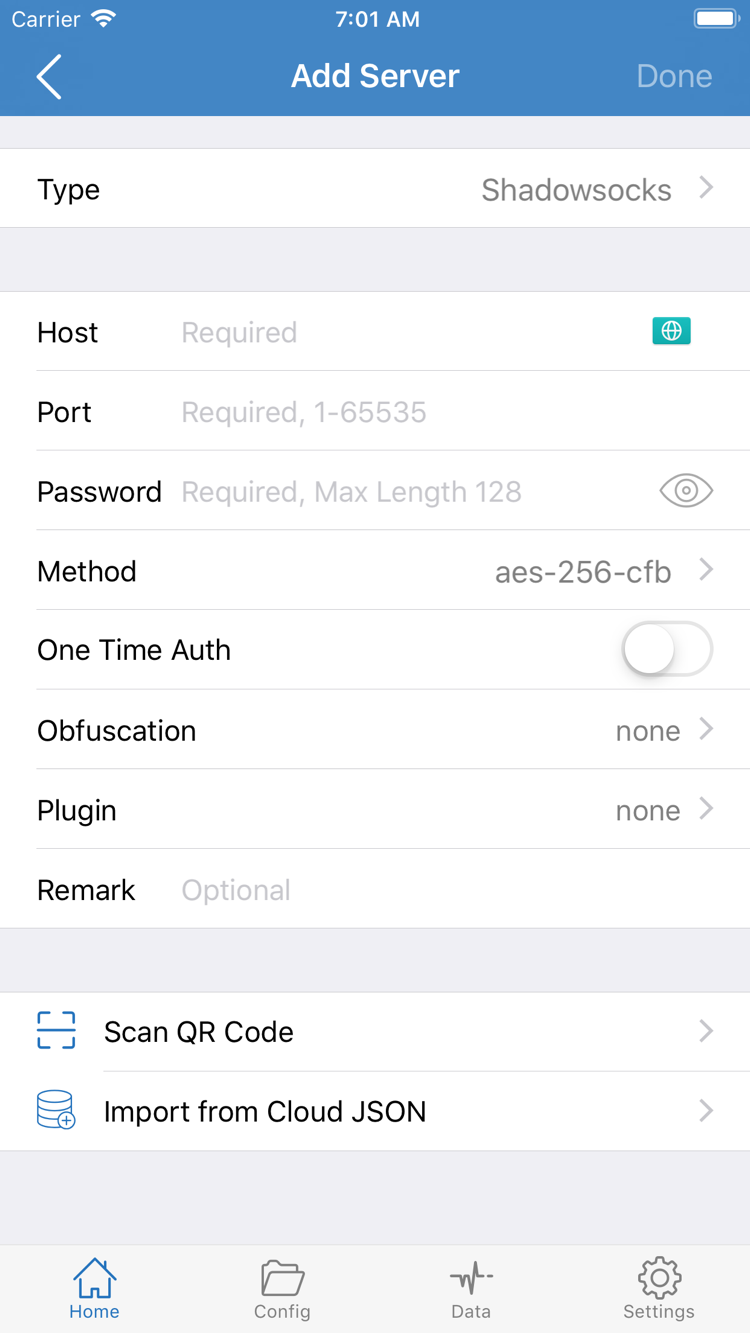 Shadowrocket Add Server 官方界面，显示 Type、Host、Port、Password、Method 与二维码导入入口