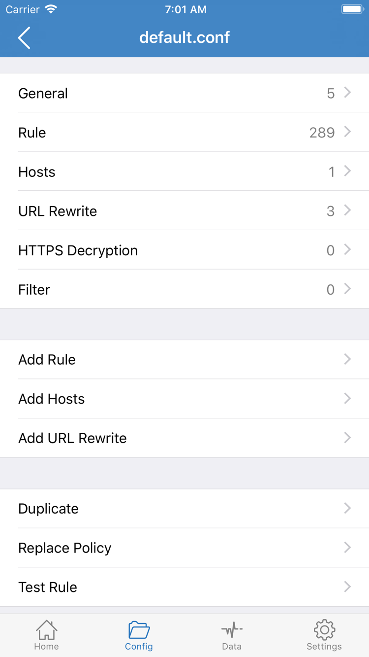 Shadowrocket Config 官方配置编辑界面，显示 General、Rule、Hosts、URL Rewrite、HTTPS Decryption 与 Add Rule