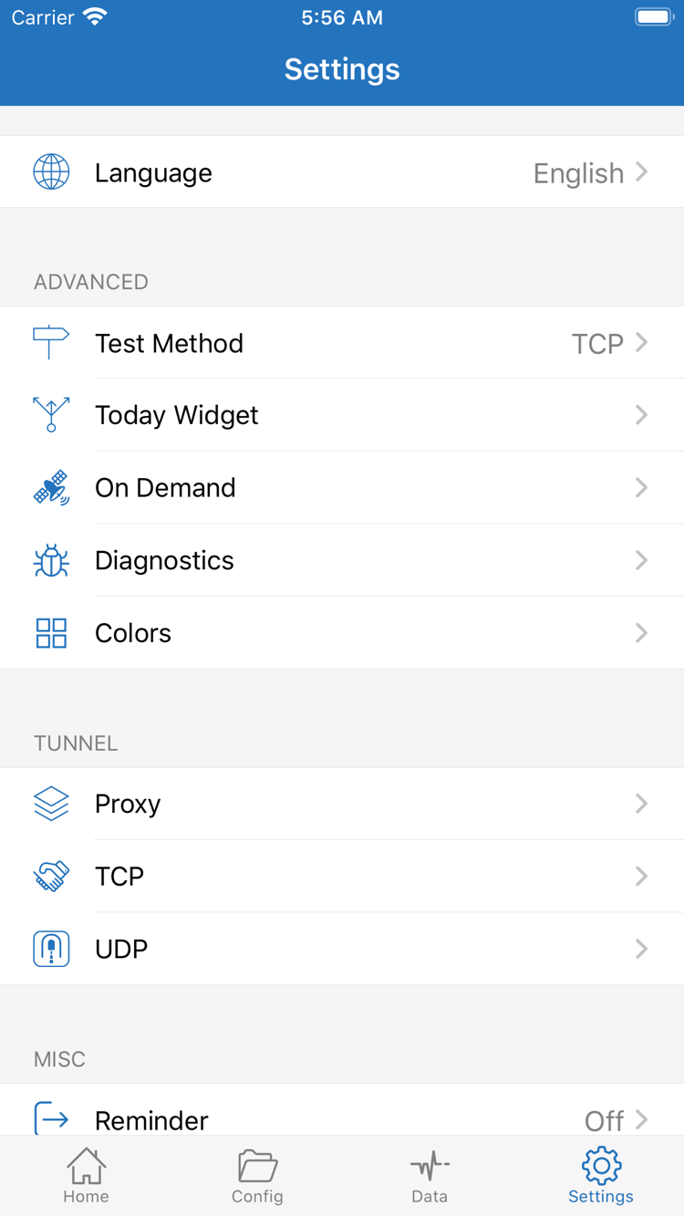 Shadowrocket Settings 官方界面，显示 Language、Test Method、Today Widget、On Demand、Diagnostics、Proxy、TCP 与 UDP